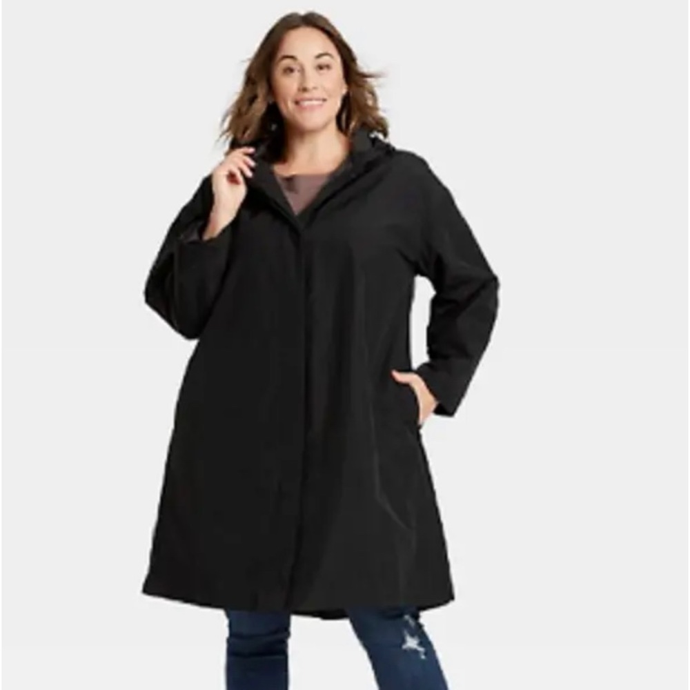 Womens Black Nylon Hooded Button-Down Long Rain Coat Ava & Viv Plus Size 2x 2xl
